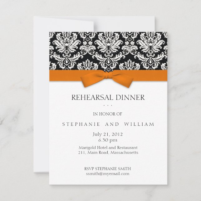Orange Bow Damask Rehearsal Dinner-inbjudan Inbjudningar (Framsida)