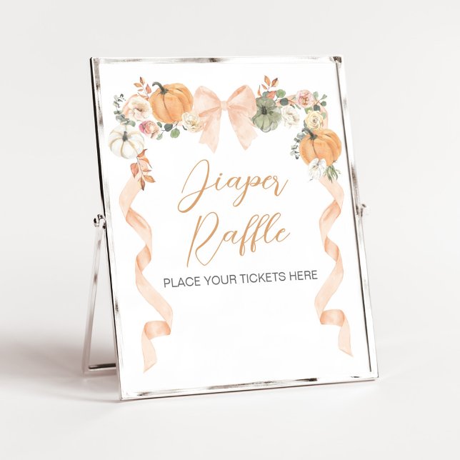Orange Bow Pumpa Baby Shower Blöja Lotteri Skylt (Orange Pumpkin Baby Shower Diaper Raffle Sign)