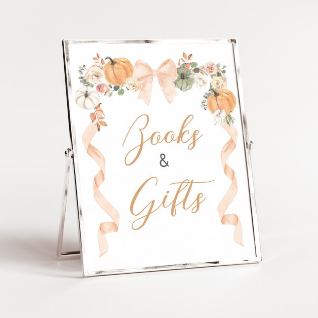Orange Bow Pumpa Baby Shower Böcker och Gåva Skylt (Orange Pumpkin Baby Shower Books and Gifts Sign)