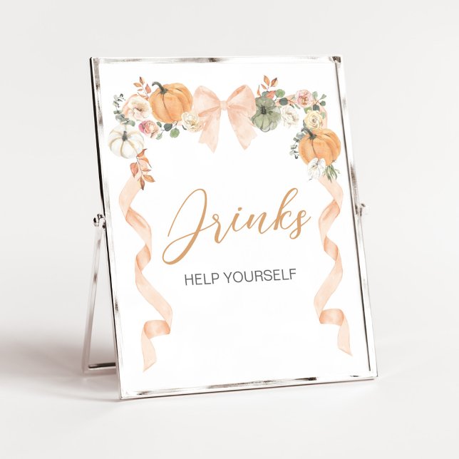 Orange Bow Pumpa Baby Shower Dryckes Skylt (Orange Pumpkin Baby Shower Drinks Sign)