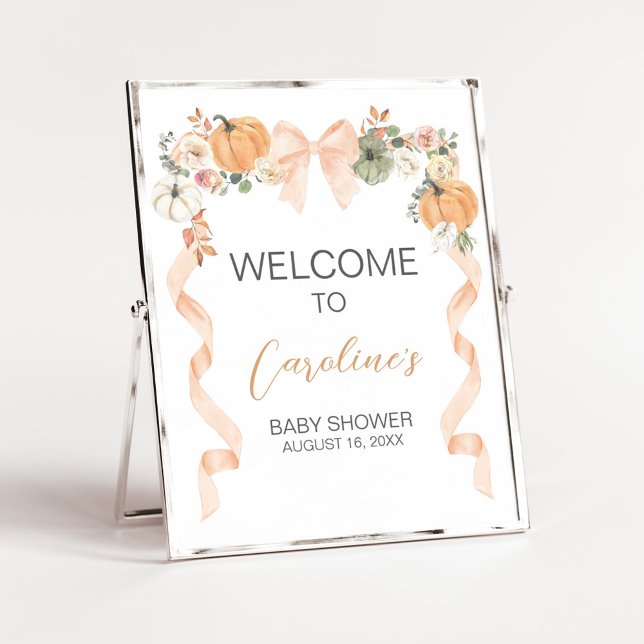 Orange Bow Pumpa Baby Shower Välkomstskylt Poster (Orange Pumpkin Baby Shower Welcome Sign)