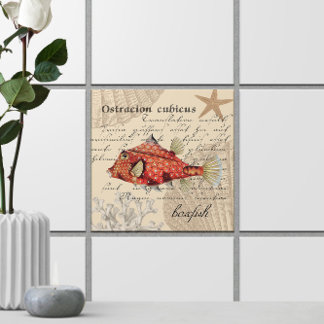 Orange Boxfish Illustration 🐡 Nautical Vintage Kakelplatta
