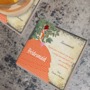 Orange Bridesmaid Tack Tile Gown med Träd Kakelplatta