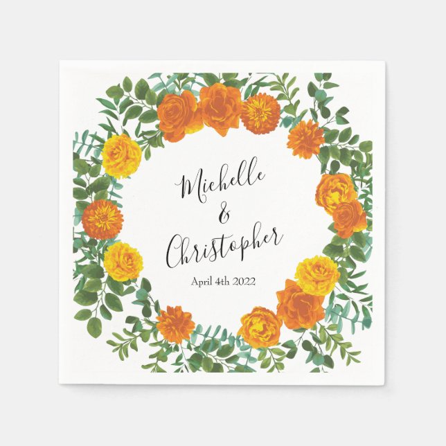 Orange Bröllop Blommigt Modern Pappersservett (Framsidan)