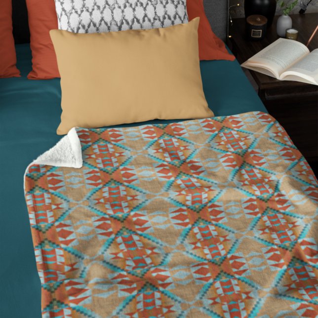 Orange Brown Aqua Turcos Blue Tribal Art Fleecefilt (Skapare uppladdad)