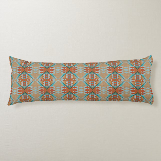 Orange Brown Aqua Turcos Blue Tribal Art Kroppskudde (Framsidan)