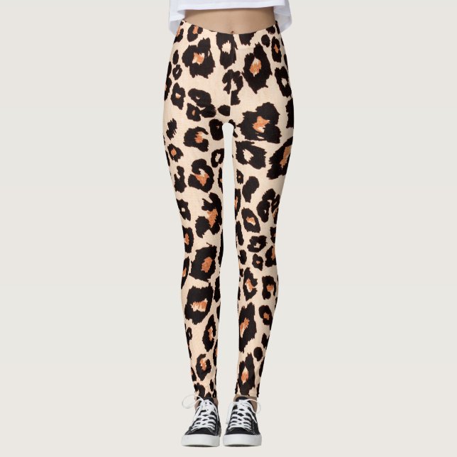 Orange Brown Black Leopard Animal Print Leggings (Framsida)
