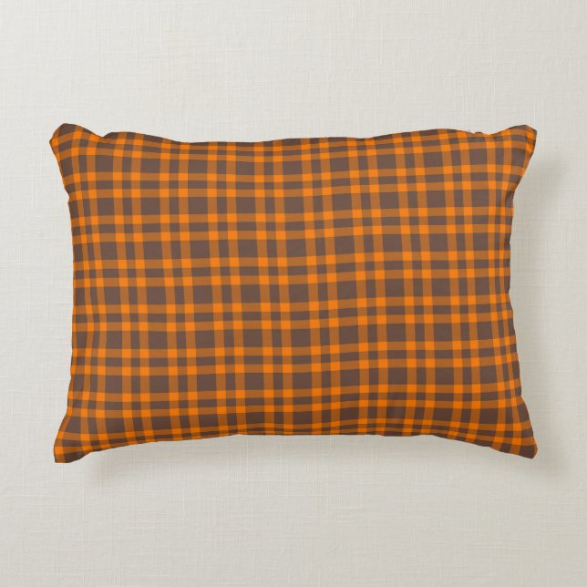 Orange Brown Plaid Pattern Prydnadskudde (Framsidan)