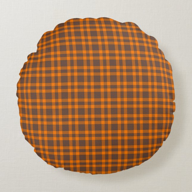 Orange Brown Plaid Pattern Rund Kudde (Framsidan)