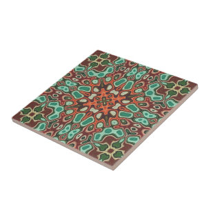 Orange Brown Red Turcos Grönt Ethnic Tribe Art Kakelplatta