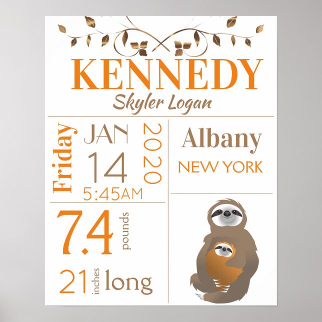 Orange & Brown Sloth Baby Birth Stats Poster (Framsidan)