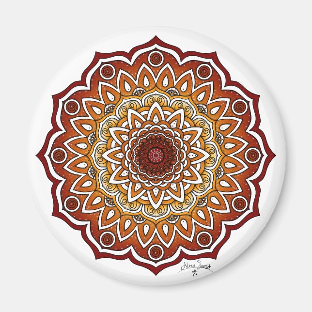 Orange & Brown Spiral och Blommigt Mandala Magnet (Framsidan)