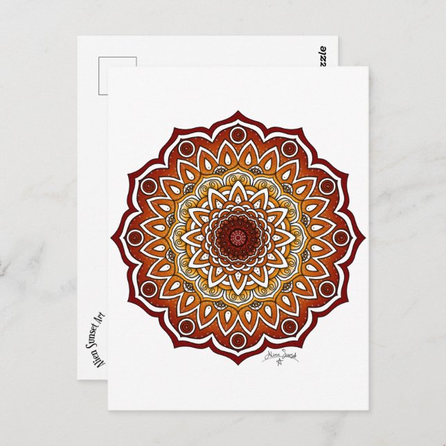 Orange & Brown Spiral och Blommigt Mandala Vykort (Fram/baksida)
