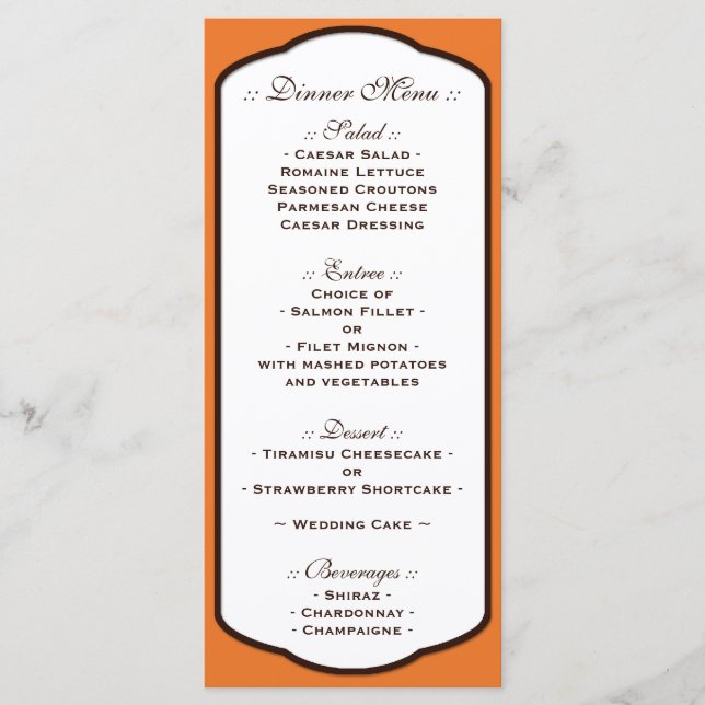 Orange Brown & White Wedding Reception Menus Meny (Framsida)