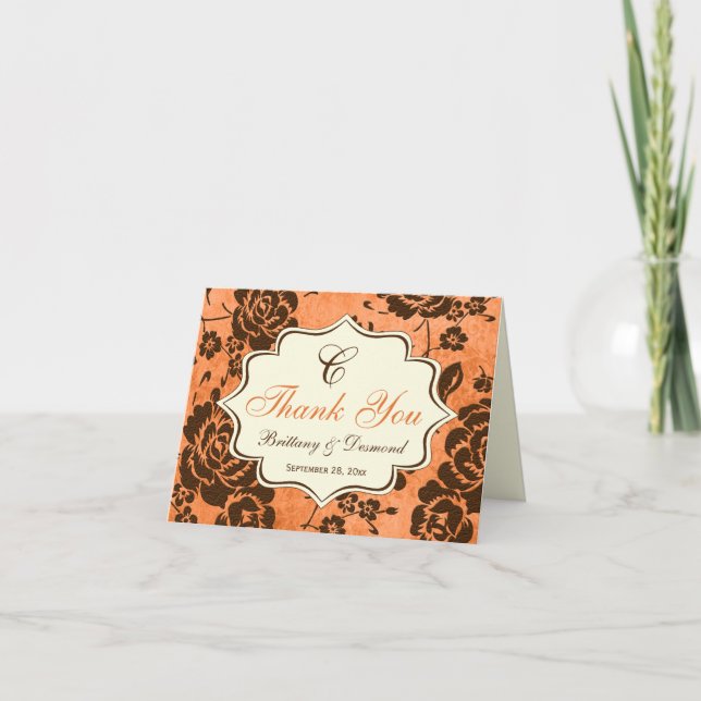 Orange Brun Elfenbensfärgad Blommig Damast Tacksam Tack Kort (Framsida)