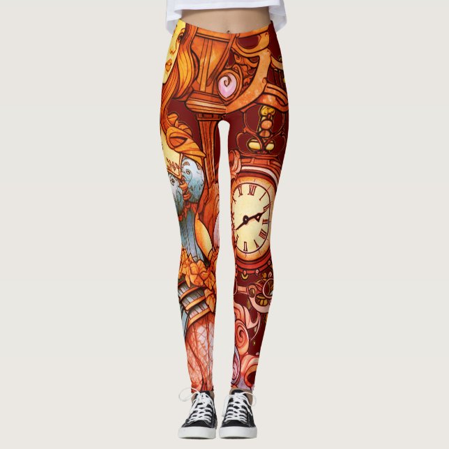 Orange + Brun Steampunk Självdesignad Mermaid Trån Leggings (Framsida)