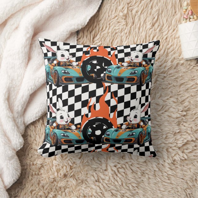 Orange Bunny Car Racer Print Kudde (Filt)