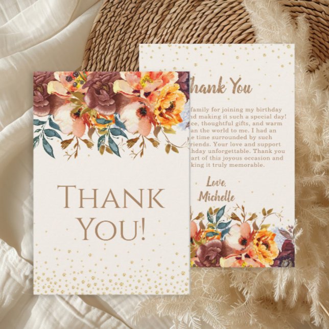 Orange Burgundy Blommig Födelsedags Tackkort Tack Kort (Orange and burgundy floral birthday party "Thank you" card )