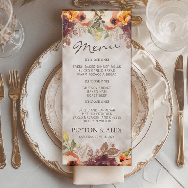 Orange Burgundy Blommig Höst Bröllop  Meny (Fall floral wedding menu)