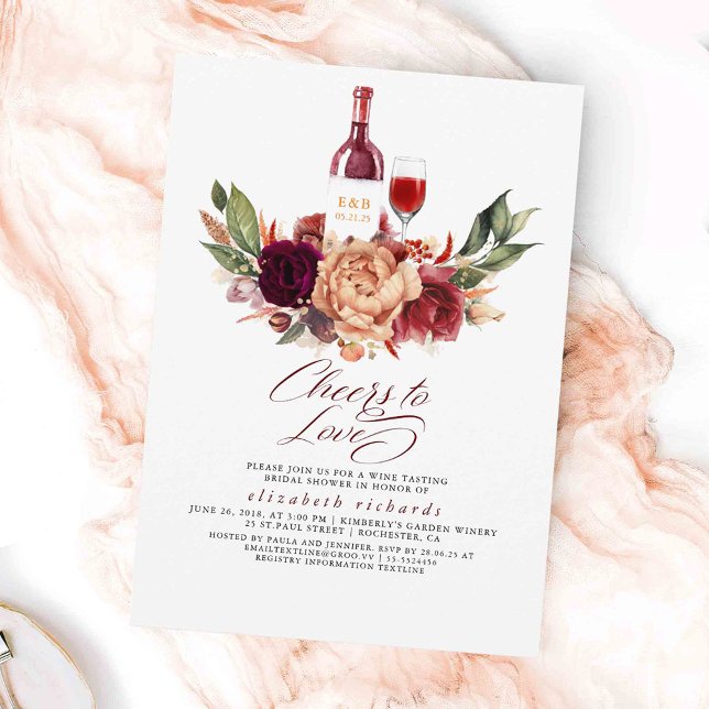 Orange Burgundy Blommigt Vin Tasting Möhippa Inbjudningar (Terracotta Floral Fall Wine Tasting Bridal Shower Invitations - Cheers to Love)