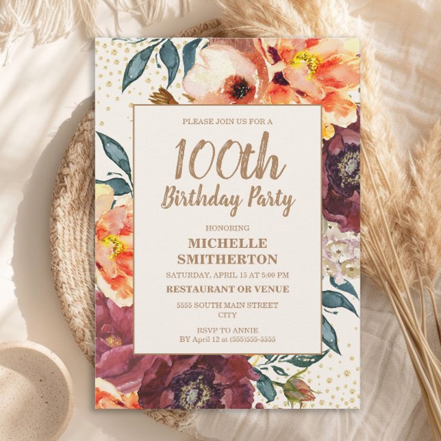 Orange Burgundy Fall Blommigt Guld Glitter 100 Inbjudningar (Orange and burgundy watercolor floral 100th birthday party invitation)