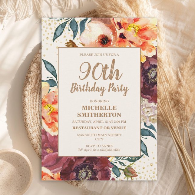 Orange Burgundy Fall Blommigt Guld Glitter 90:e Inbjudningar (Orange and burgundy watercolor floral 90th birthday party invitation)