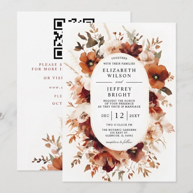 Orange Burgundy Fall Floral QR Code Wedding Inbjudningar (Fram/baksida)