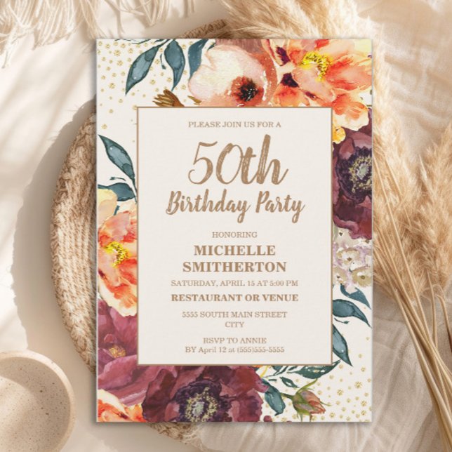 Orange Burgundy Höst Blommig Guld Glitter 50-årsfi Inbjudningar (Orange and burgundy floral 50th birthday party invitation)
