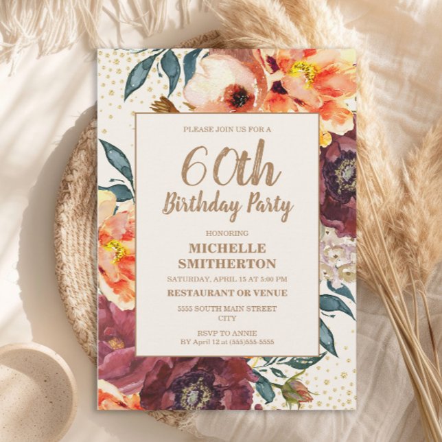 Orange Burgundy Höst Blommig Guld Glitter 60-årsfi Inbjudningar (Orange and burgundy watercolor floral 60th birthday party invitation)