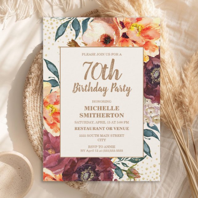 Orange Burgundy Höst Blommig Guld Glitter 70-årsda Inbjudningar (Orange and burgundy watercolor floral 70th birthday party invitation)