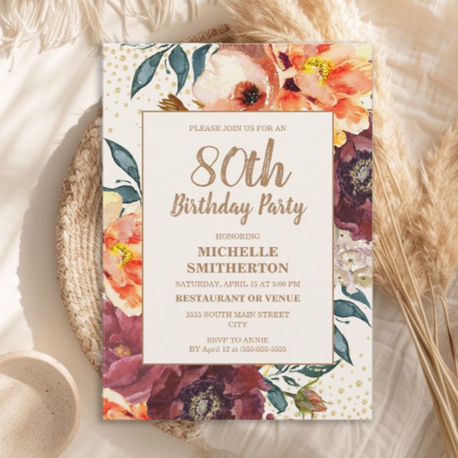 Orange Burgundy Höst Blommig Guld Glitter 80-årsfi Inbjudningar (Orange and burgundy watercolor floral 80th birthday party invitation)