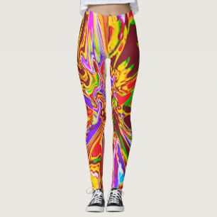Orange, Burgundy Psychedelic Flower Design Leging Leggings