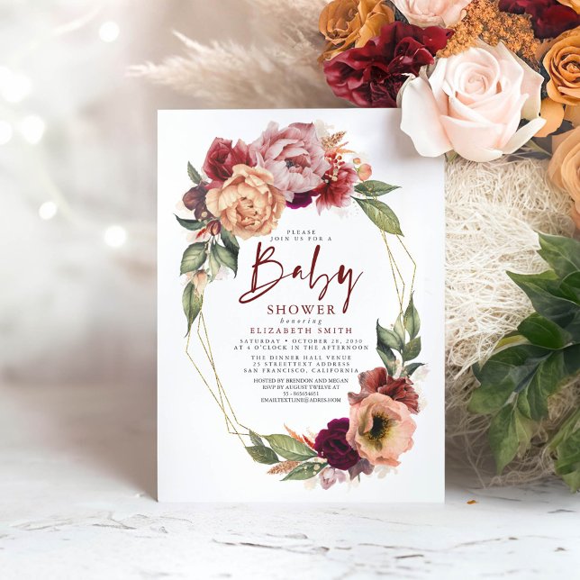 Orange  Burgundy Red Blommigt Fall Baby Shower Inbjudningar (Burgundy Red and Terracotta Floral Baby Shower Invitation)