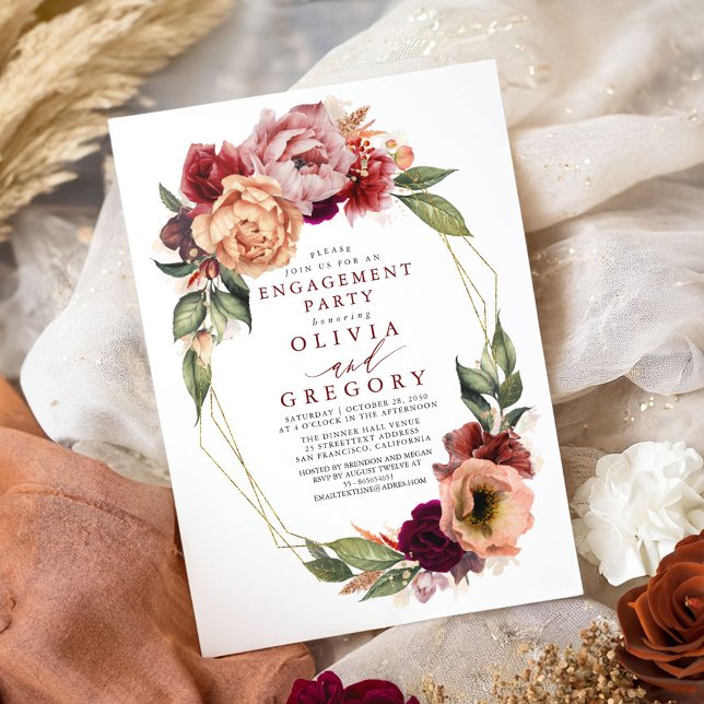 Orange Burgundy Red Fall Förlovningsfest Inbjudningar (Fall Engagement Party Invitations)