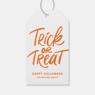 Orange Bus eller godis Hand Lettering Halloween Presentetikett