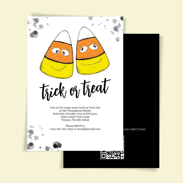 Orange Bus eller Godis Majs Halloweenfest Inbjudningar (Trick or treat Halloween party invitation with cute candy corn, )