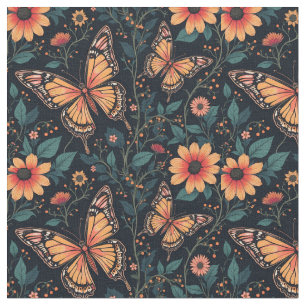 Orange Butterflies och Flowers Tyg