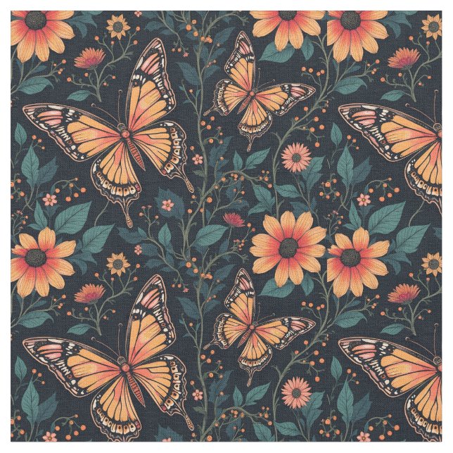 Orange Butterflies och Flowers Tyg (Närbild)