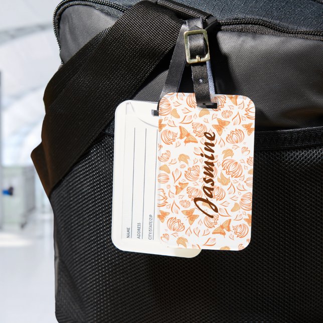 Orange Butterfly Blommönster Anpassningsbar Monogr Bagagebricka (Skapare uppladdad)