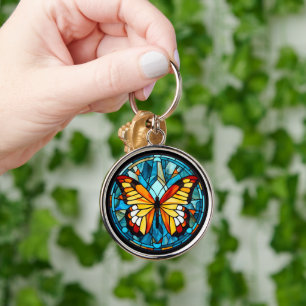 Orange Butterfly Blue Stached Glass Rund Silverfärgad Nyckelring