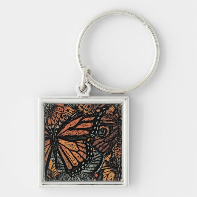 Orange Butterfly fantasy abstrakt art Fyrkantig Silverfärgad Nyckelring (Framsidan)