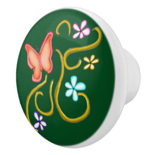 Orange Butterfly med Vår blommor keramisk knopp