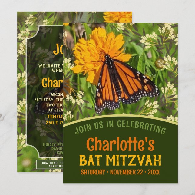 Orange Butterfly Nature Energy Bat mitzvah (Fram/baksida)