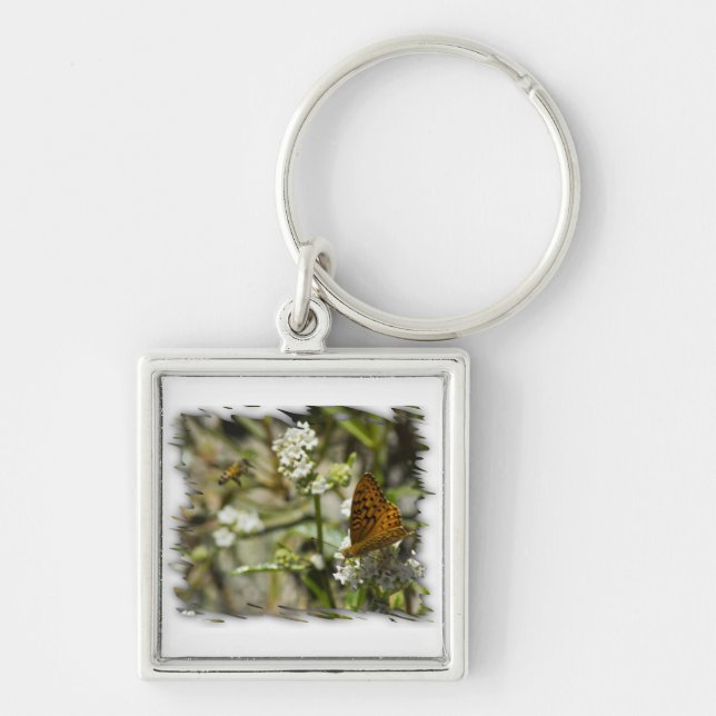 Orange Butterfly och Bee Fyrkantig Silverfärgad Nyckelring (Framsidan)
