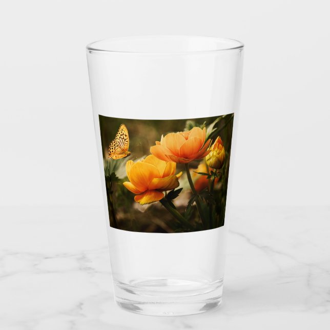 Orange Butterfly och Flowers Glaskopp (Framsida)