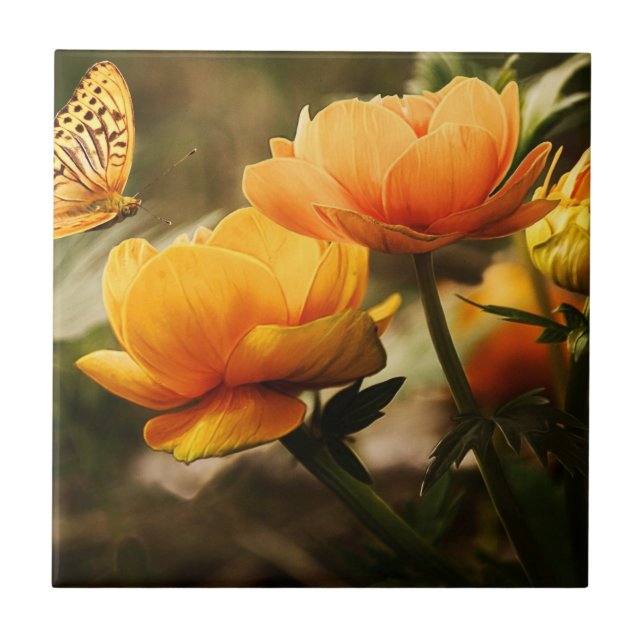 Orange Butterfly och Flowers Kakelplatta (Framsidan)