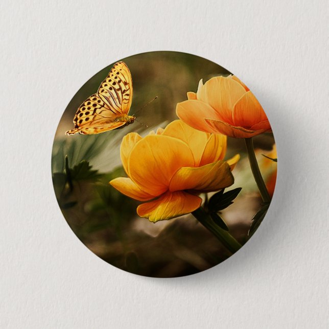 Orange Butterfly och Flowers Knapp (Framsida)
