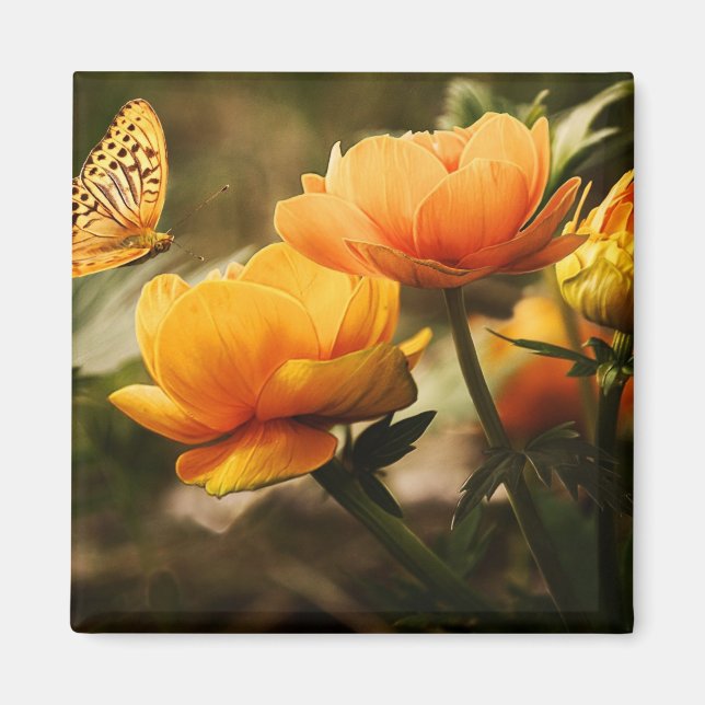 Orange Butterfly och Flowers Magnet (Framsidan)