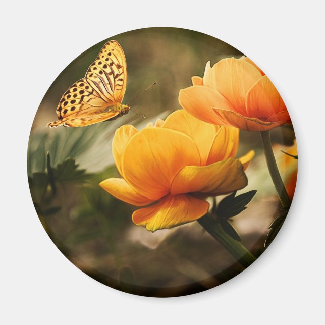 Orange Butterfly och Flowers Magnet (Framsidan)