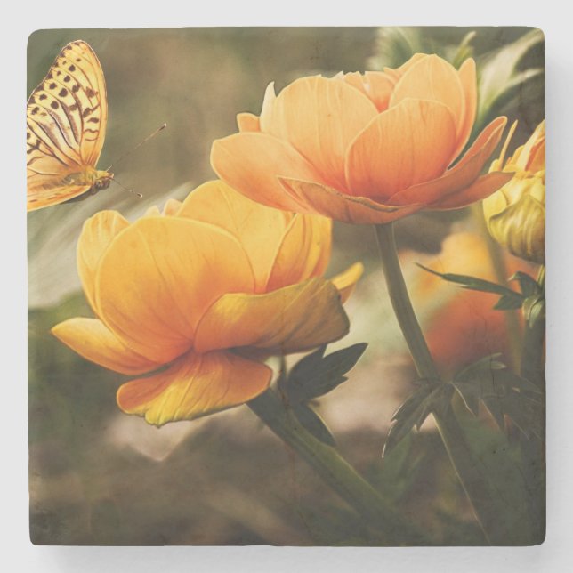 Orange Butterfly och Flowers Stenunderlägg (Framsidan)